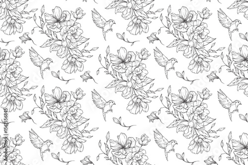 Lush blooms and soaring birds in fine black ink form an airy, harmonious dance celebrating nature’s poetic rhythm with grace, contrast, and visual serenity