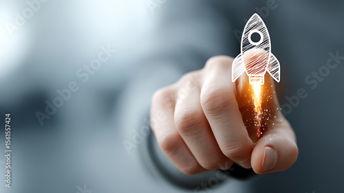 Businessman launches startup with fingertip activation of rocket illustration depicting ambition and innovation leading to business success and corporate growth