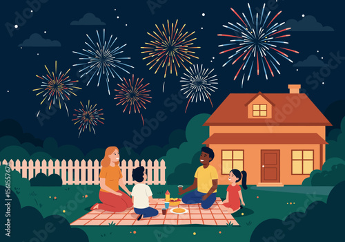 Family Enjoying Fireworks Display in Backyard at Night Celebrating Togetherness.