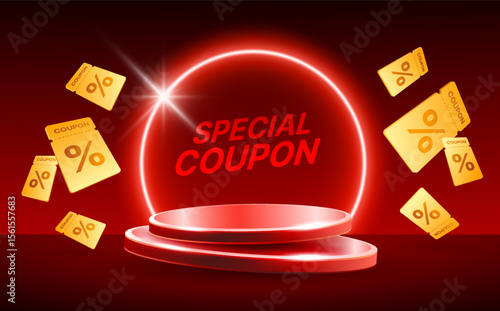 3d podium with special coupons flying around, isolated on deep red background with circle light effect. Discount banner template with gift voucher and podium in 3d vector. Vector illustration