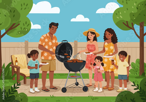 Family enjoying a barbecue with a black grill and cooked sausages in a backyard.