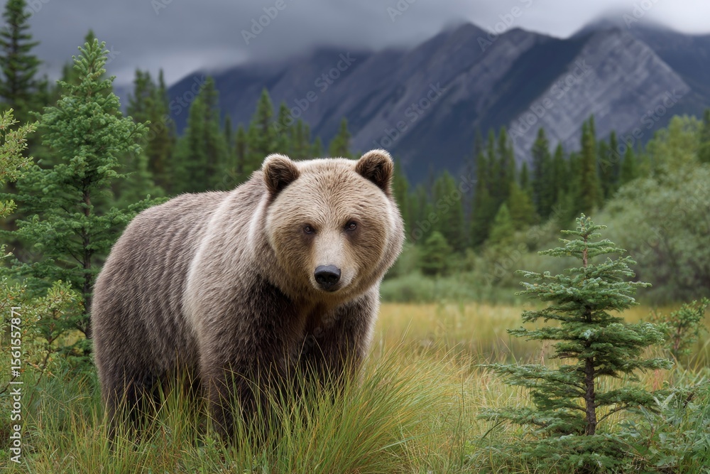 A large grizzly bear standing in a grassy field with mountains in the background A large grizzly bear standing in a grassy field with mountains in the background