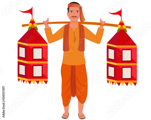 Kanvarias carry ganga Jal in decorated pots during Kanwar Yatra to offer at lord shiva's vector illustration