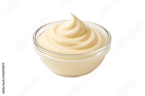 Creamy mayonnaise swirl in glass bowl isolated on transparent background