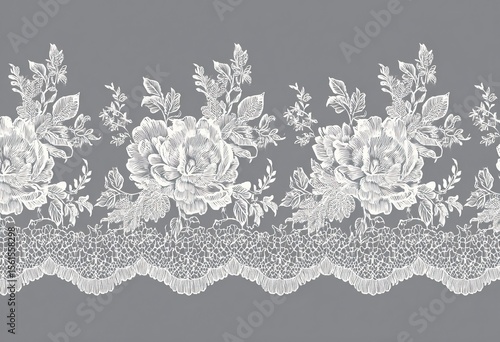 Vector lace ribbon pattern, seamless background. White lace texture with floral elements on a grey backdrop. Seamless, elegant lace border for a wedding invitation card design, print, and decoration.