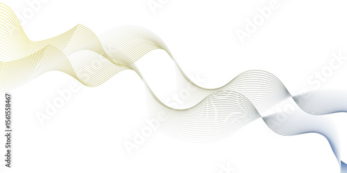An abstract, minimalist illustration featuring multiple overlapping and undulating waves or ribbons composed of fine, translucent lines. The color scheme is dominated by cool blues and muted yellows.