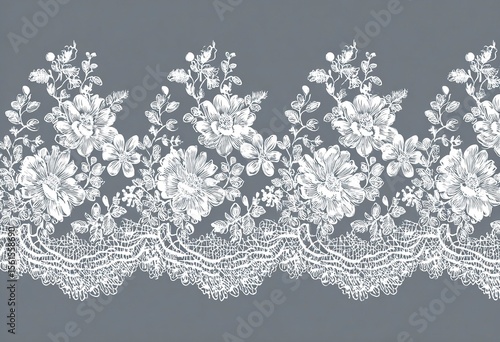 Vector lace ribbon pattern, seamless background. White lace texture with floral elements on a grey backdrop. Seamless, elegant lace border for a wedding invitation card design, print, and decoration.