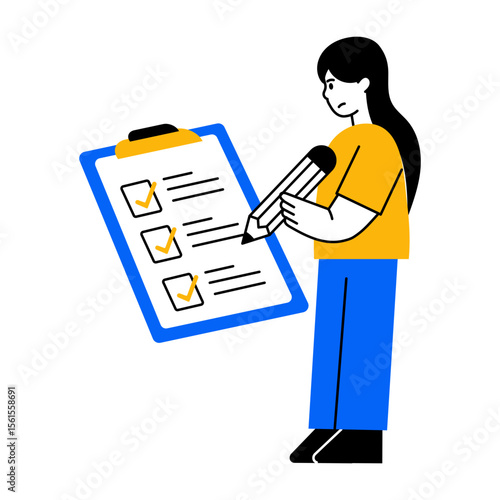 Flat style illustration showing checklist being marked by character
