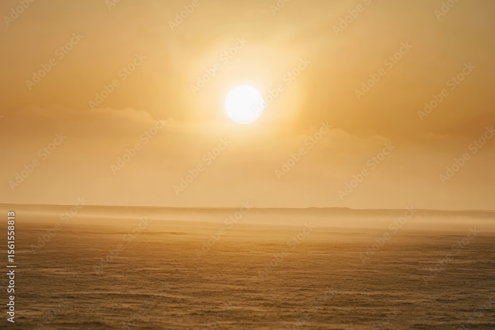 Sun melting into mirage above dusty horizon, extreme telephoto view, ethereal tone Sun melting into mirage above dusty horizon, extreme telephoto view, ethereal tone
