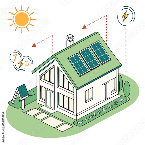 Illustration of a house with solar panels on the roof and a sun in the sky generating power source