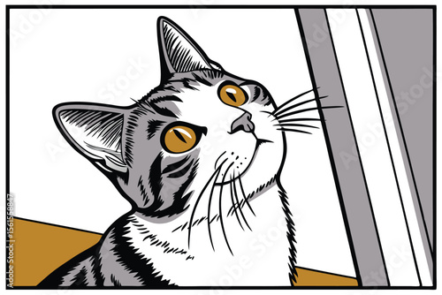 Adorable domestic cat with striking green eyes gazes directly at the viewer