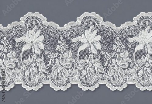 Vector lace ribbon pattern, seamless background. White lace texture with floral elements on a grey backdrop. Seamless, elegant lace border for a wedding invitation card design, print, and decoration.