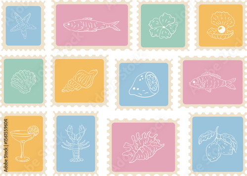 Trendy summer mediterranean placard and postage stamps. Vacation in Italy. Amalfi. Hand drawn print with image of lobster, crab, boat, lemons, sardine, seashell, cocktail, shrimp. Vector illustration.