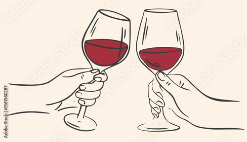 Hand drawn chalk wine cheers. Cheers or drinking couple toast drawing. Collection of whimsical doodle line art for wedding invitations, menus and parties. Clipart vintage ink doodle sketch style