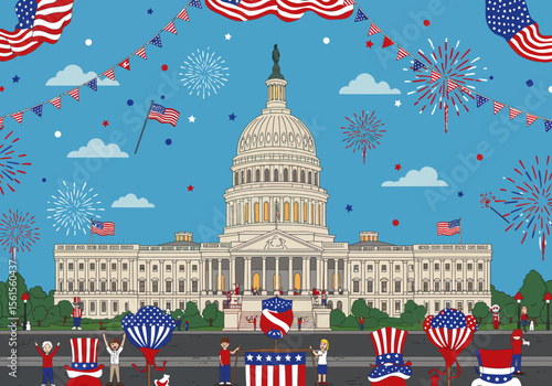 United States Capitol Building with Patriotic Decorations and Celebrations.