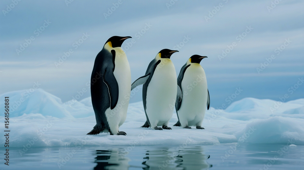 Fototapeta premium Emperor penguins waddle on ice in Antarctica's icy landscape
