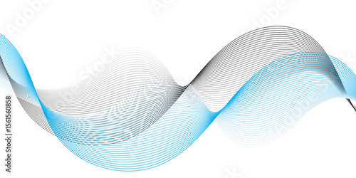 "Dynamic, overlapping waves of translucent blue and dark grey lines flow horizontally across a pristine white background, creating an energetic and modern abstract composition with depth and motion."