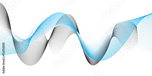 "Dynamic, overlapping waves of translucent blue and dark grey lines flow horizontally across a pristine white background, creating an energetic and modern abstract composition with depth and motion."