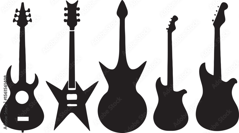 Fototapeta premium Collection of five black silhouette guitar icons on a white background 