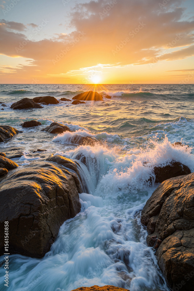 Obraz premium Captivating ocean sunrise reflecting on waves and rocks, painting sky with warm colors, creating tranquil scene. Ocean sunrise offers a sense of calm and renewal as sun kisses horizon,
