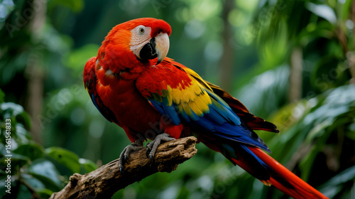 Vibrant scarlet macaw perched gracefully on a branch in the lush rainforest