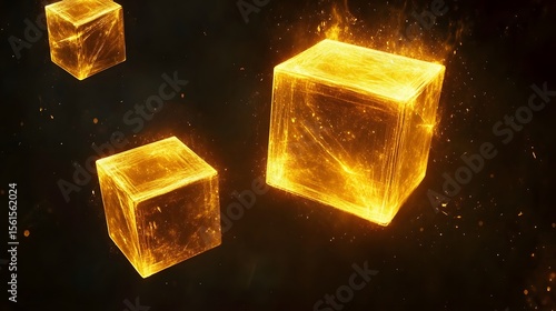 Burning cubes of light against a dark background.
