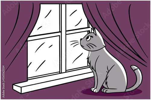 Whimsical cat gazing out from a sunlit window sill