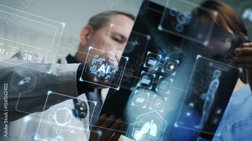 Doctors utilize artificial intelligence with augmented and virtual reality interfaces to diagnose diseases, review X-rays, and suggest treatments with advanced visualization tools.