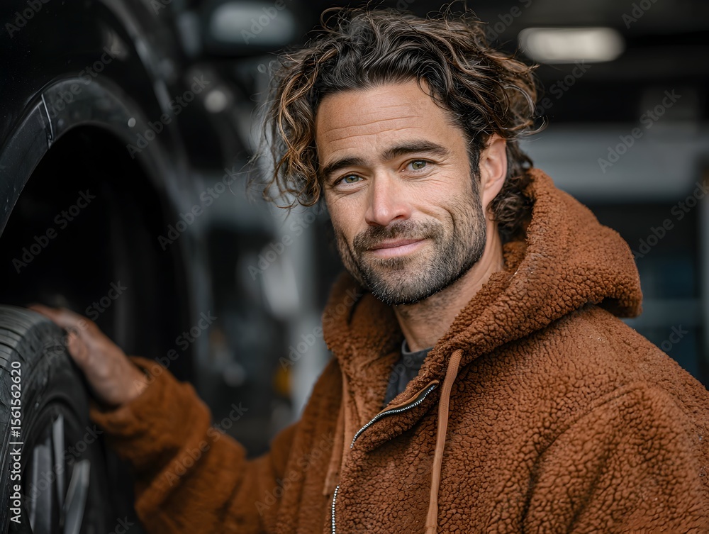 Obraz premium A handsome male mechanic with a friendly smile inspects a tire in a repair shop, wea a brown hoodie.