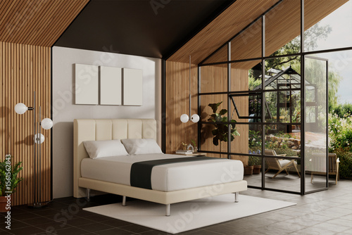 3D rendering of a modern bedroom with wood panel walls, large glass windows, and garden view, featuring minimal design and natural lighting
