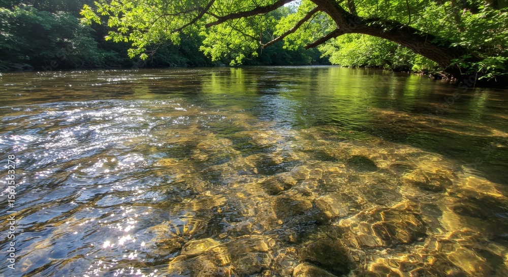Naklejka premium Serene River Scene Crystal Clear Water Flowing Under Summer Sunlight