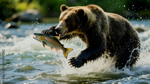 A grizzly bear hunting a rainbow trout in a rushing river