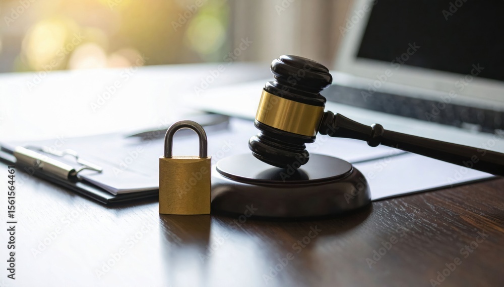 A judge's gavel and brass padlock sit on a desk with a clipboard and laptop, symbolizing law, security, and privacy. A judge's gavel and brass padlock sit on a desk with a clipboard and laptop, symbolizing law, security, and privacy.