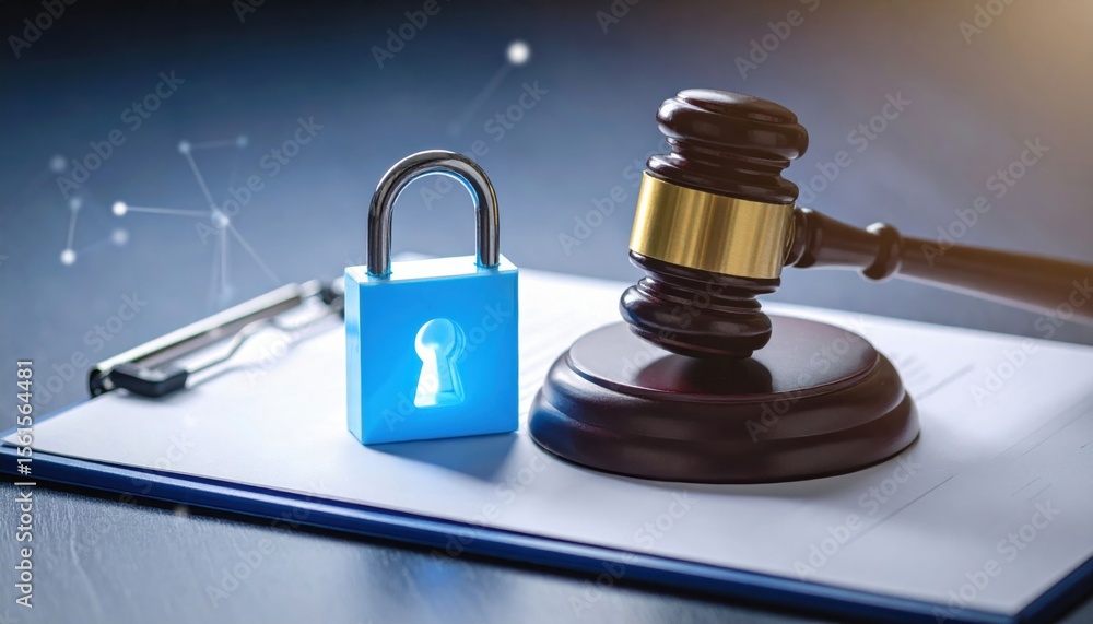 A judge's gavel and a blue padlock with a keyhole sit on a clipboard, symbolizing legal protection and security in law. A judge's gavel and a blue padlock with a keyhole sit on a clipboard, symbolizing legal protection and security in law.