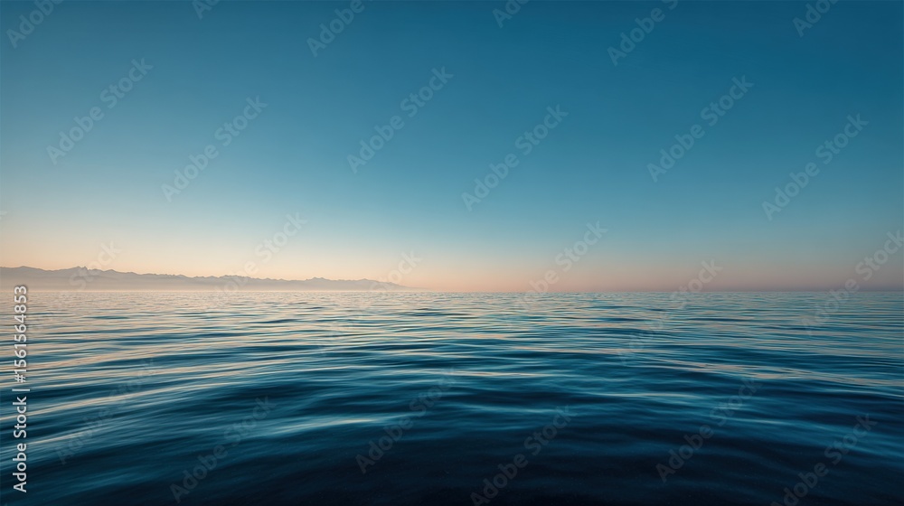 Obraz premium Serene ocean view with calm water stretching to distant horizon under clear blue sky.