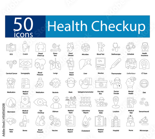 Health checkup icon set. Containing Sonography, Cervical Cancer, Smart Watch, Medical report, Vaccination, Hospital, Doctor, Nurse, Cholesterol, Bones, Electrolyte. Line vector icons collection