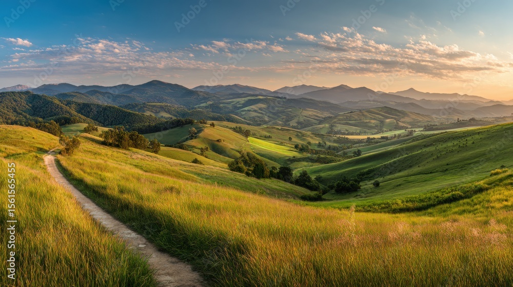 Fototapeta premium Vibrant Rolling Hills Landscape at Sunset with Green Fields and Mountain View.