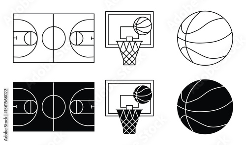 Basketball ball icons set. basketball net. Basketball court markup. Basketball Line icon. Basketball ball isolated icon. Vector illustration.
