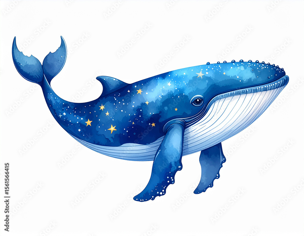 Fototapeta premium blue watercolor whale with stars isolated on white background