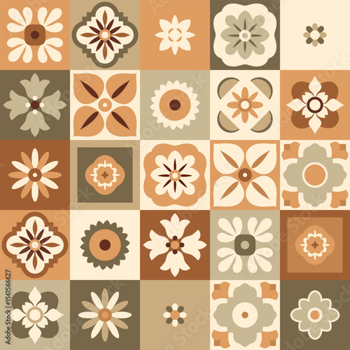 Earthy tones and stylized floral motifs combine in a seamless pattern, evoking a retro aesthetic perfect for backgrounds and textile designs