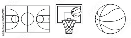 Basketball ball icons set. basketball net. Basketball court markup. Basketball Line icon. Basketball ball isolated icon. Vector illustration.
