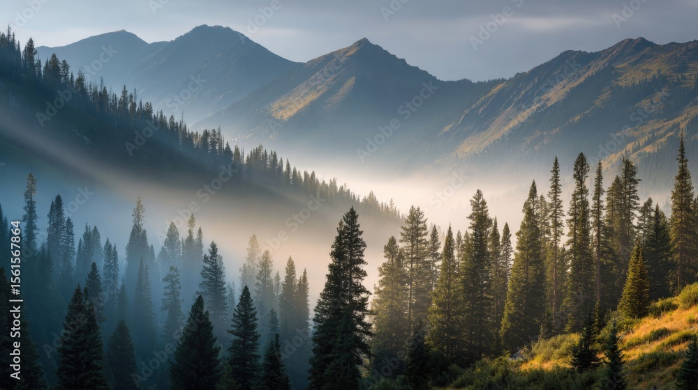 Obraz premium Breathtaking panoramic mountain landscape with dense forest and misty valleys.