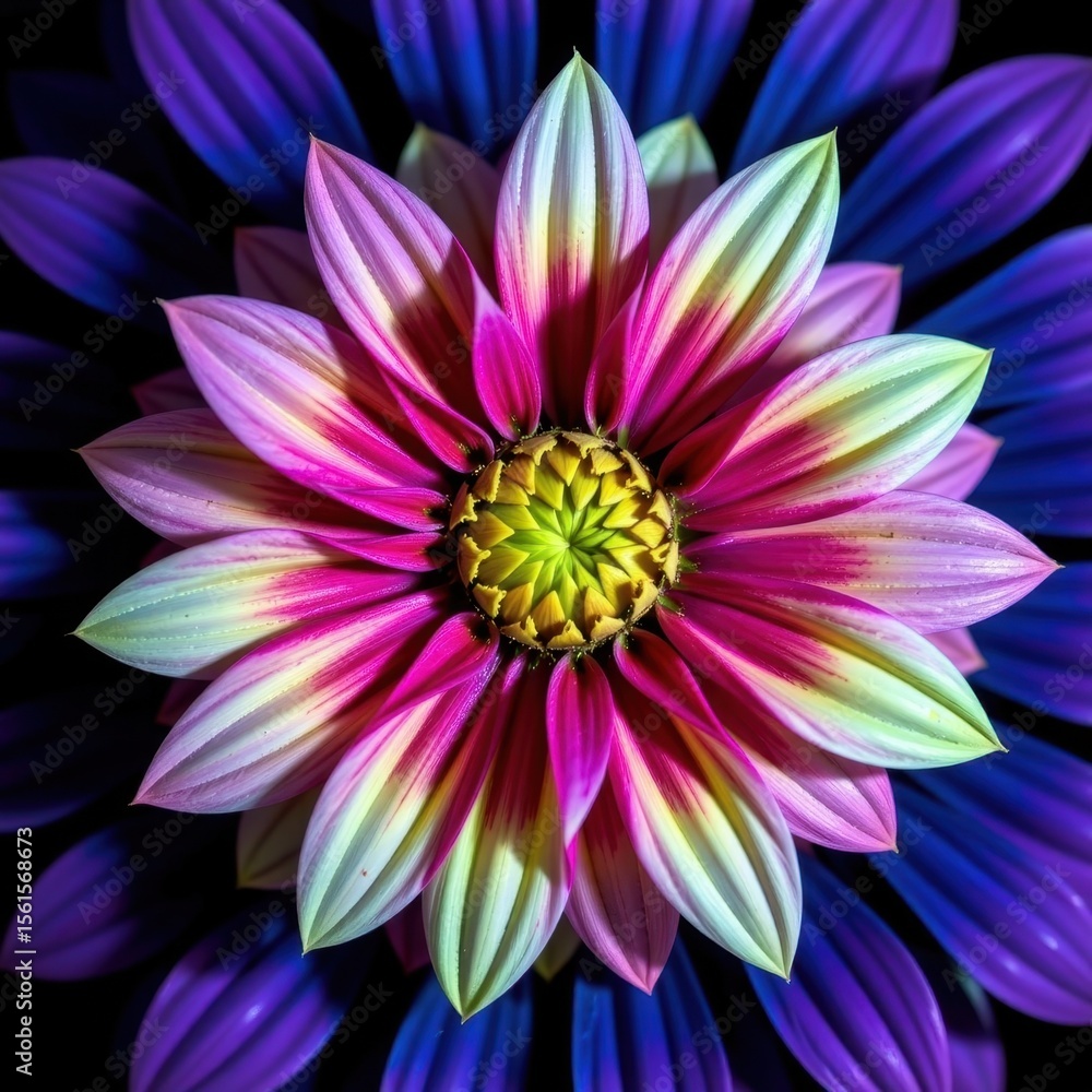 Vibrant multicolored flower with long striped petals and intricate yellow-green center, close-up photograph showcasing natural beauty and floral details Vibrant multicolored flower with long striped petals and intricate yellow-green center, close-up photograph showcasing natural beauty and floral details