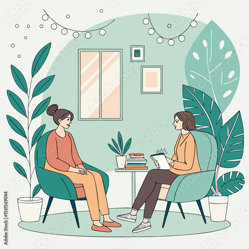 Illustration of two women in a counseling session with plants window and string lights in the background