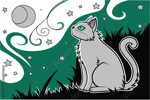 Whimsical gray cat gazing at a crescent moon and stars at night