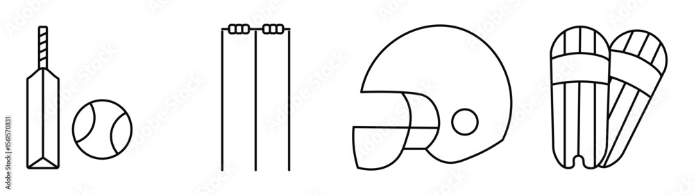 Fototapeta premium Cricket icons. Cricket related icon set. Ball, Bat, gloves, best man, helmet, wicket. bat and ball icon set line and isolated on white background 