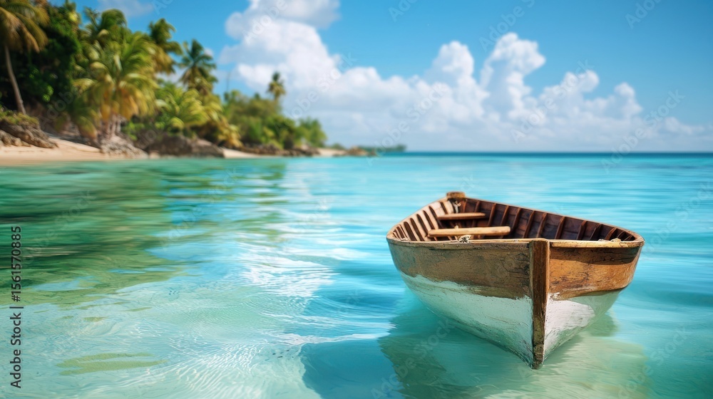 Serene Tropical Getaway: Wooden Rowboat in Turquoise Waters Serene Tropical Getaway: Wooden Rowboat in Turquoise Waters