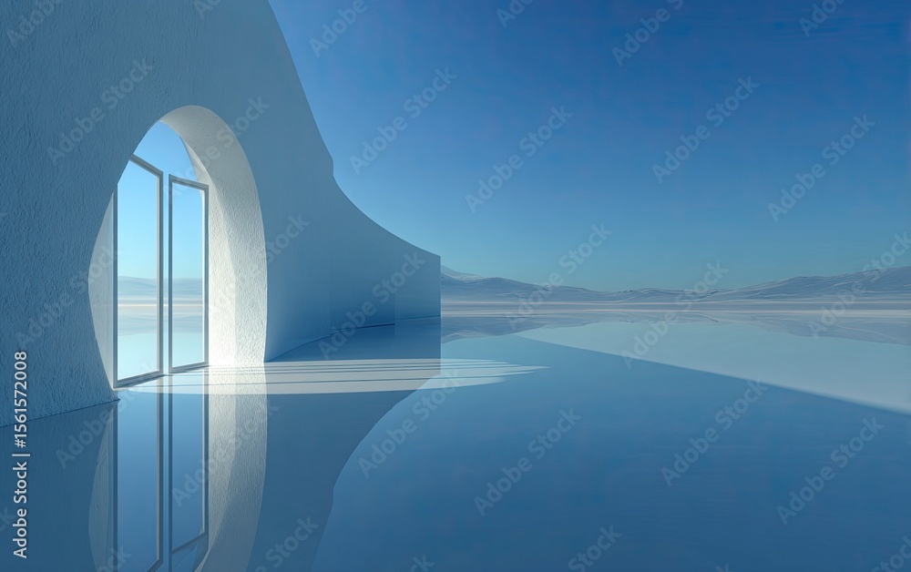 Fototapeta premium 3D render of an abstract futuristic background with a blue sky and mirror reflections, curved shapes, and two large glass doors on the left side leading to the horizon. The background is minimalistic