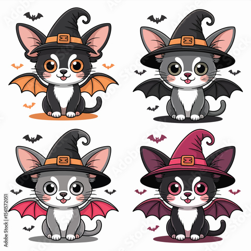 Adorable Halloween Kittens in Witch Hats and Bat Wings