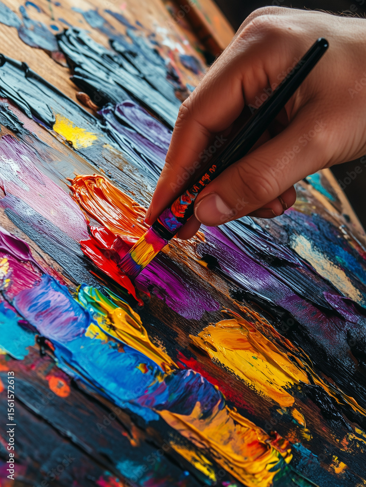 Fototapeta premium Painter picking up orange oil paint with brush from palette